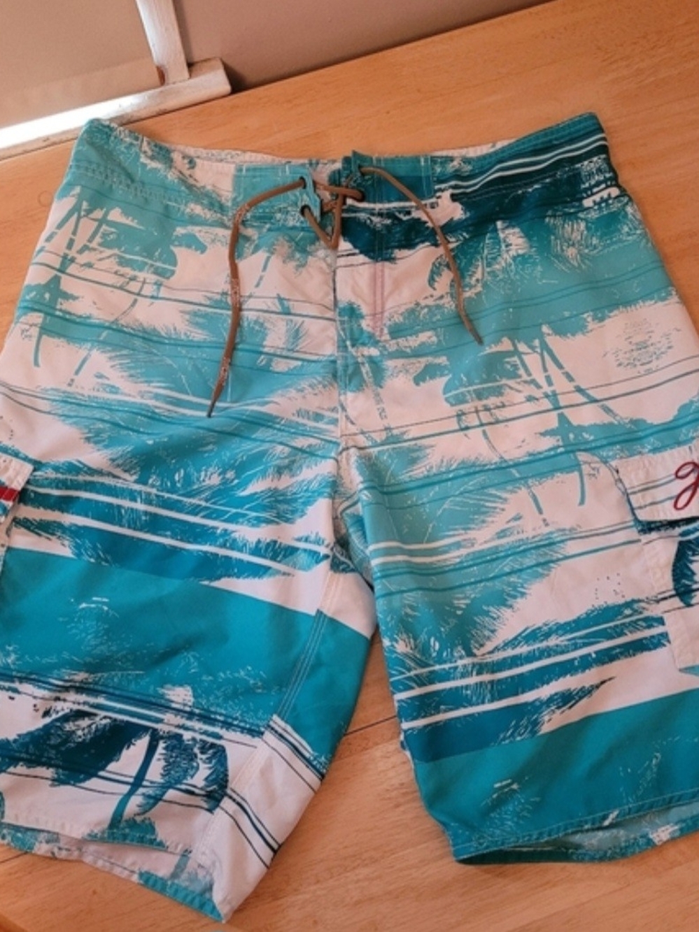Men's Teal & White Printed Swim Trunks